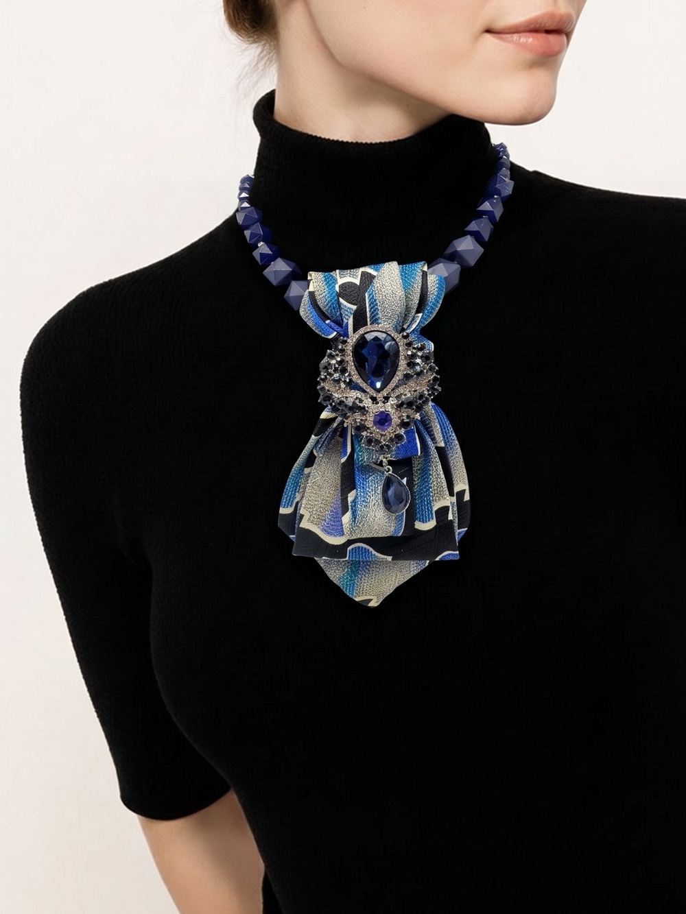 CHIC CHICK UPCYCLE | Blue and Black Rhinestone Brooch Tie Necklace